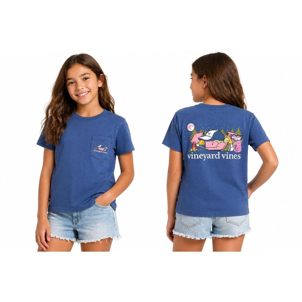 Vineyard Vines Girls Whale Pocket T Shirt Medium Blue Camping Graphic Preppy Tee